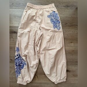Free People Movement Baller Embroidery Pant Cotton Sheeting Tan and Blue Sz M